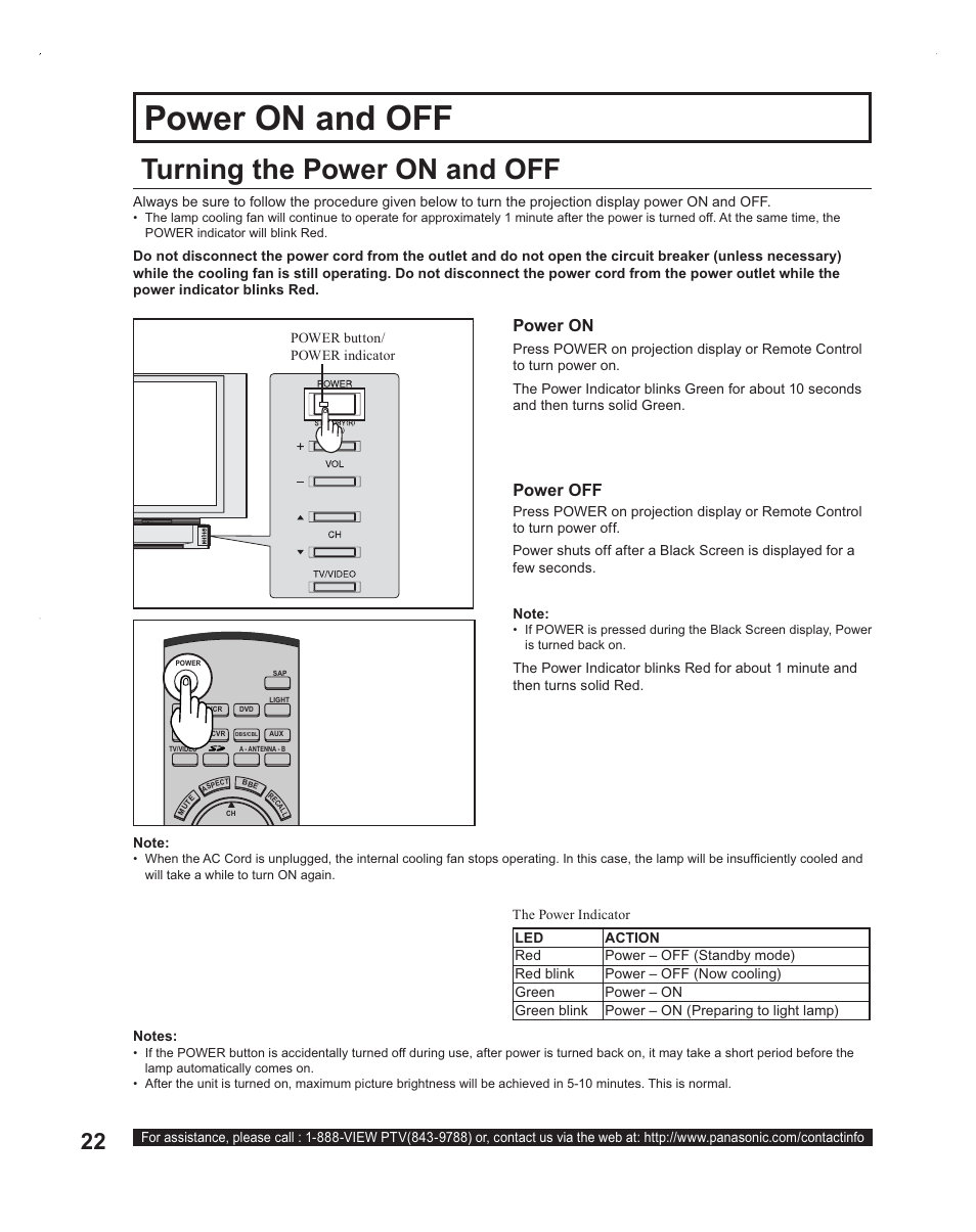 Basic operation, Power on / off, Power indicator led | Power on and off, Turning the power on and off, Power on power off | Panasonic PT-60LC14 User Manual | Page 22 / 95
