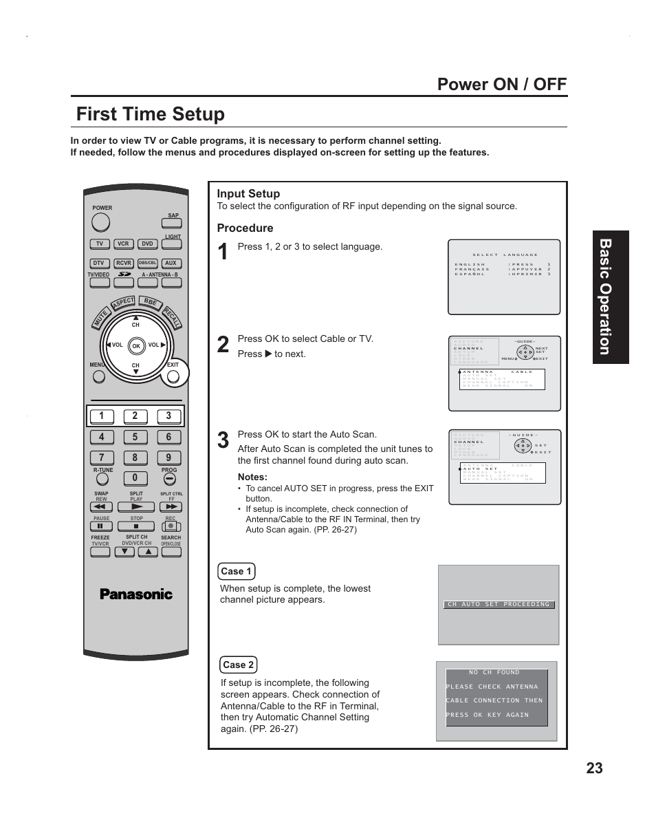 Selecting the on-screen language, Initial tuner setup, First time setup | Power on / off, 23 basic operation, Input setup, Procedure, Press 1, 2 or 3 to select language | Panasonic PT-60LC14 User Manual | Page 23 / 95