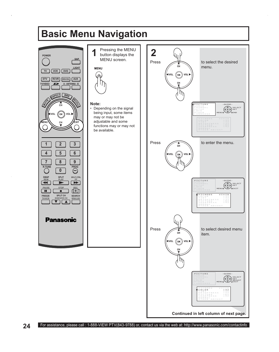 Menu navigation, Basic menu navigation 1 2, Press to select the desired menu | Press to enter the menu, Press to select desired menu item, Continued in left column of next page | Panasonic PT-60LC14 User Manual | Page 24 / 95