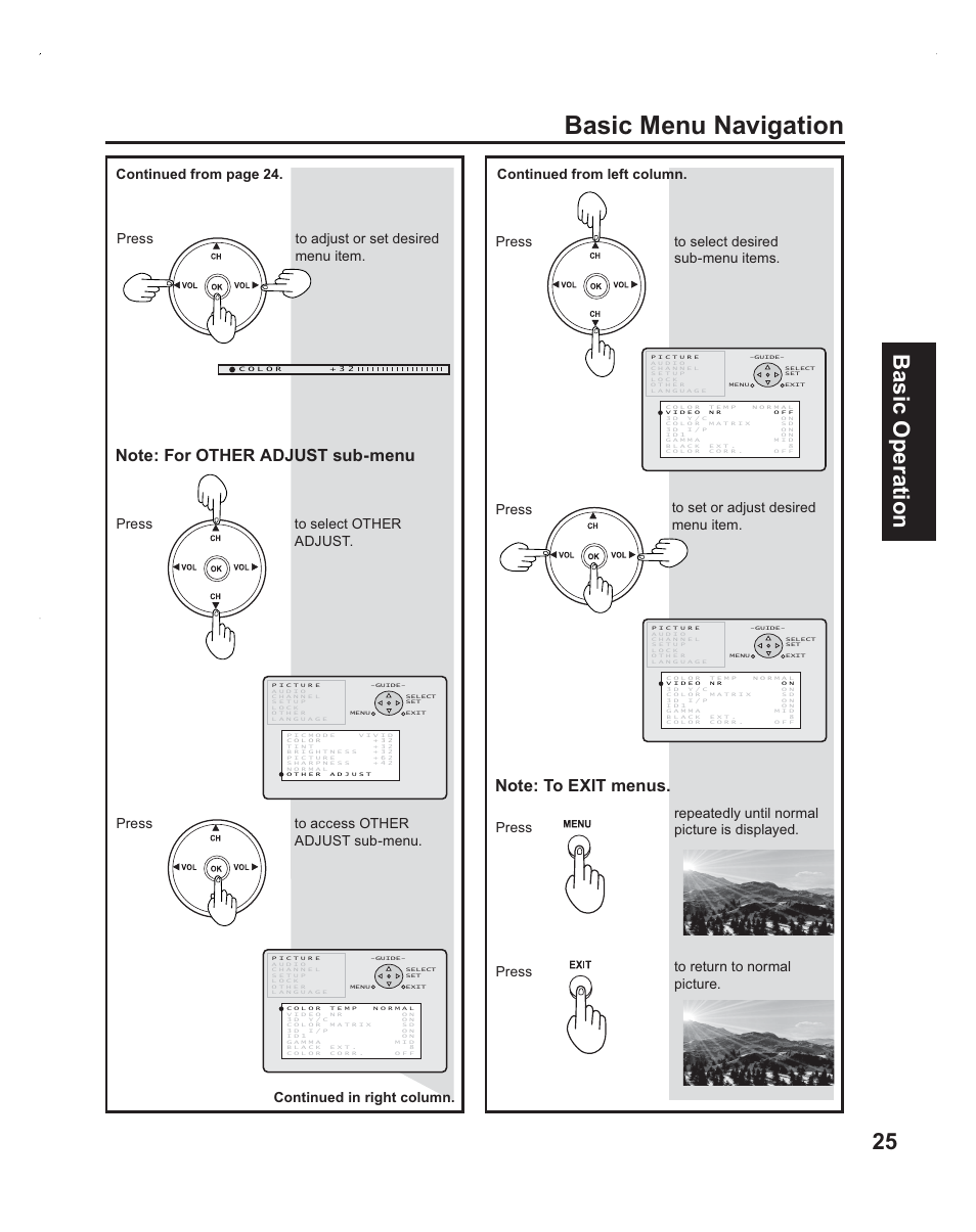 Basic menu navigation, 25 basic operation, Press to select other adjust | Press to access other adjust sub-menu | Panasonic PT-60LC14 User Manual | Page 25 / 95