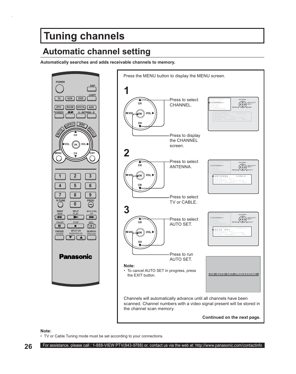 Tuner setup, Tuning channels, Automatic channel setting | Panasonic PT-60LC14 User Manual | Page 26 / 95