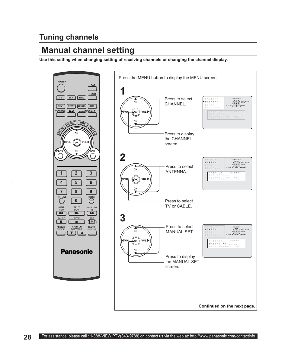 Manual channel setting, Tuning channels, Continued on the next page | Panasonic PT-60LC14 User Manual | Page 28 / 95