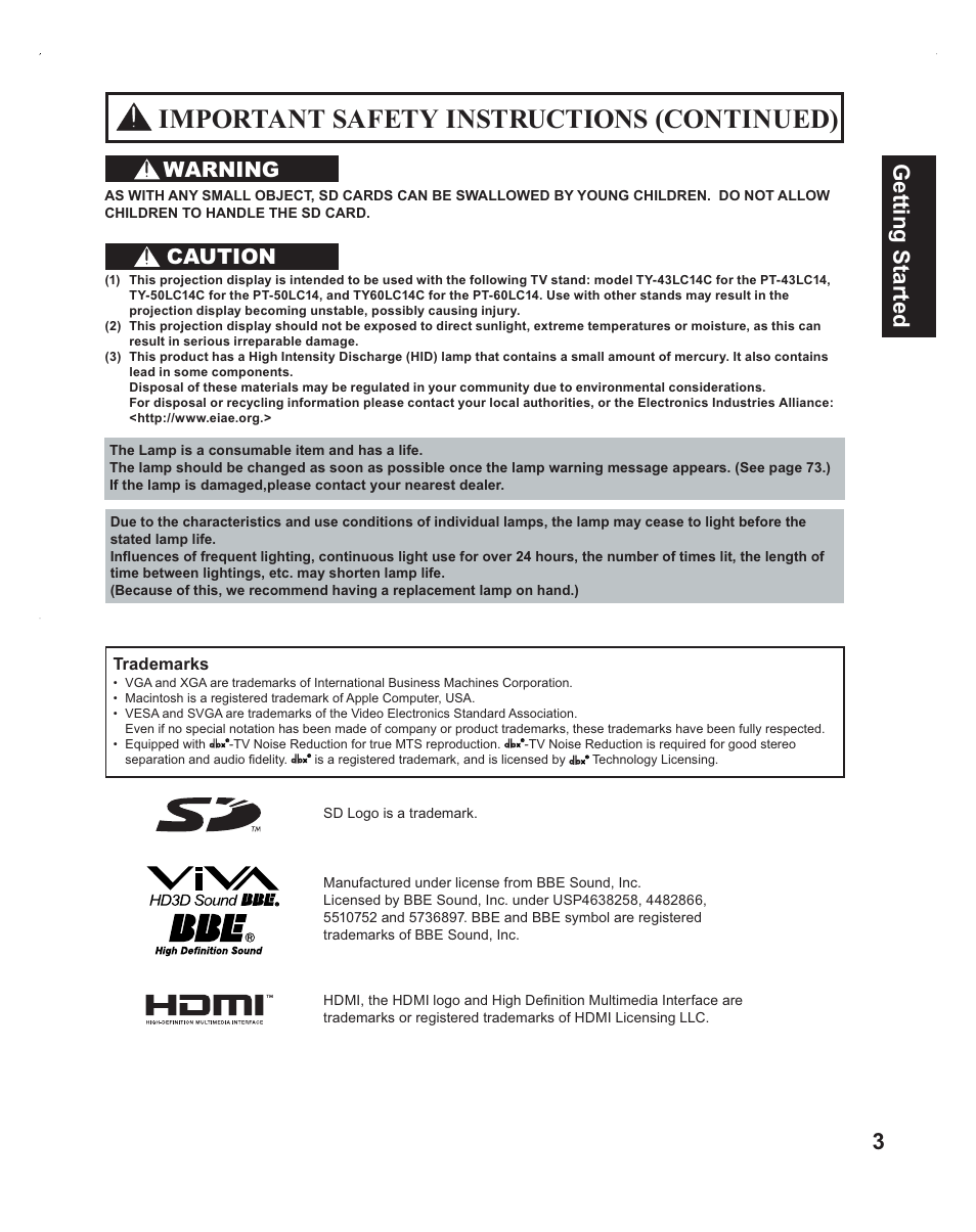 Important safety instructions (continued), 3getting start ed, Warning | Caution | Panasonic PT-60LC14 User Manual | Page 3 / 95