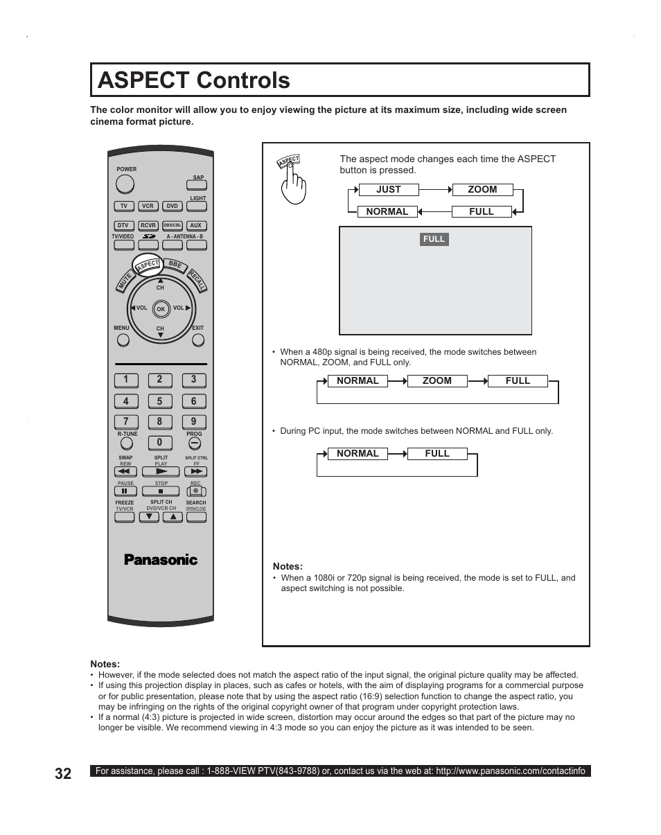 Aspect ratio controls, Aspect controls | Panasonic PT-60LC14 User Manual | Page 32 / 95