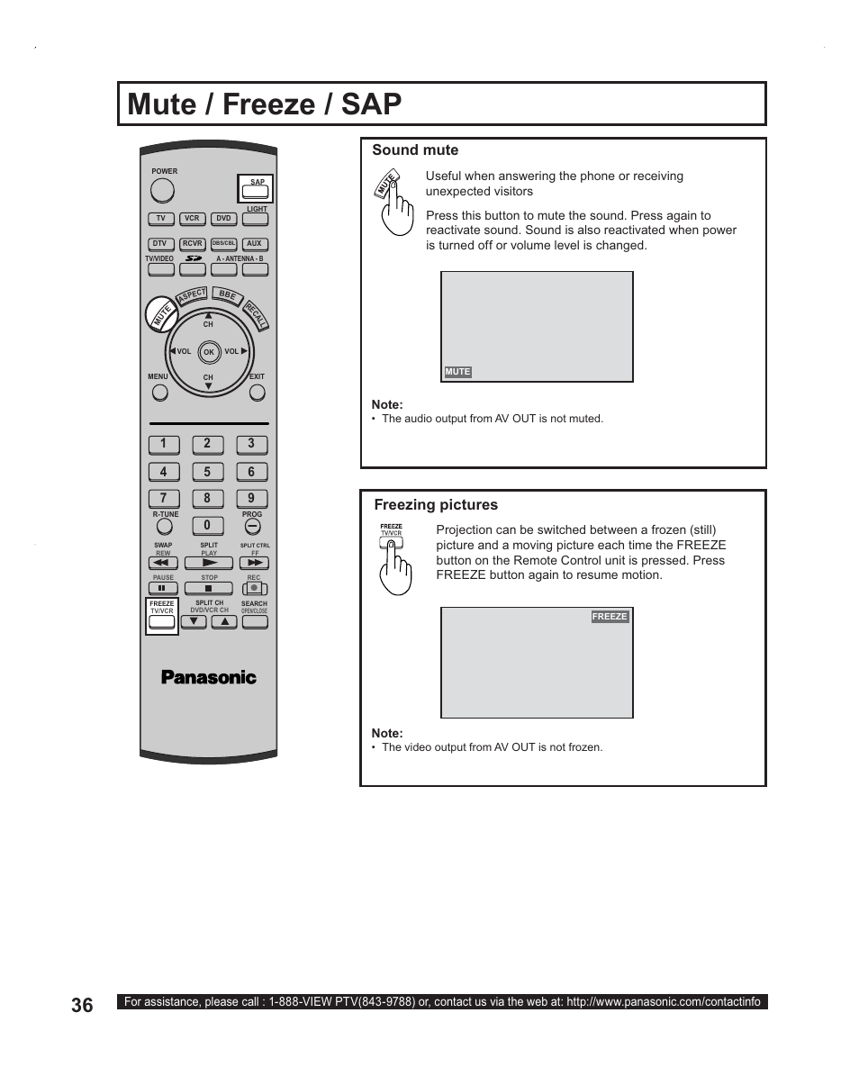 Mute / freeze / sap, Sound mute, Freezing pictures | Panasonic PT-60LC14 User Manual | Page 36 / 95