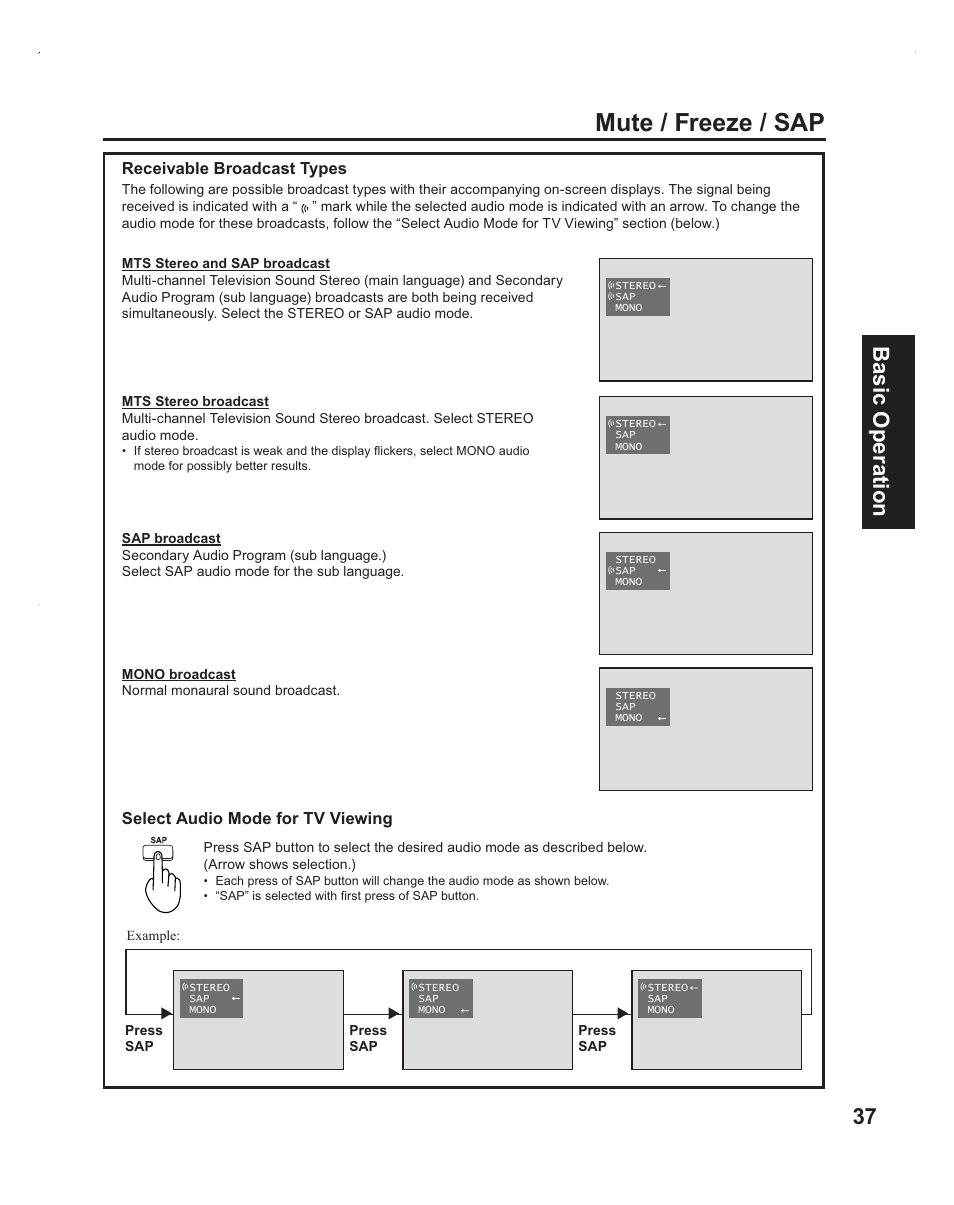 Mute / freeze / sap, 37 basic operation | Panasonic PT-60LC14 User Manual | Page 37 / 95