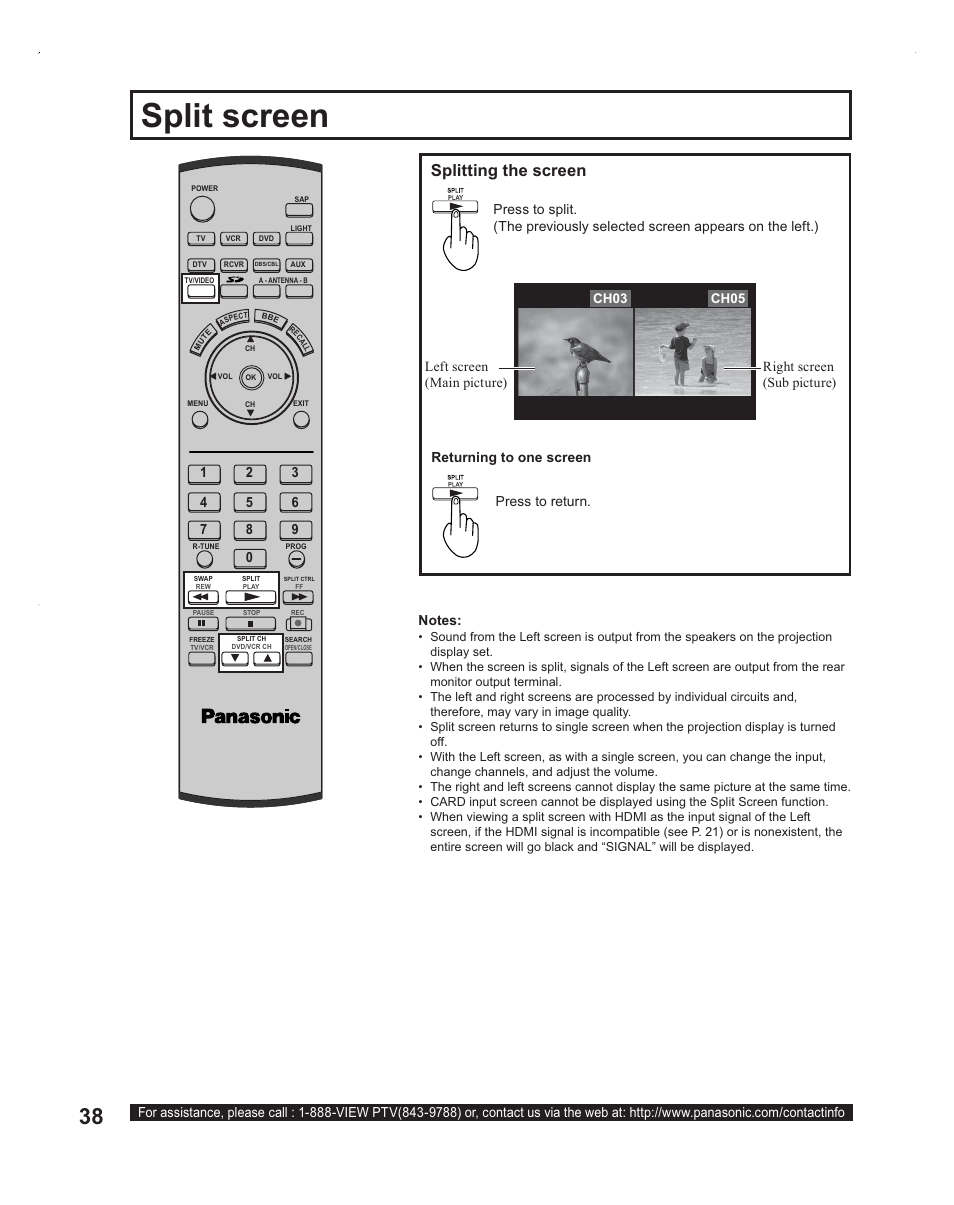 Split screen, Splitting the screen | Panasonic PT-60LC14 User Manual | Page 38 / 95