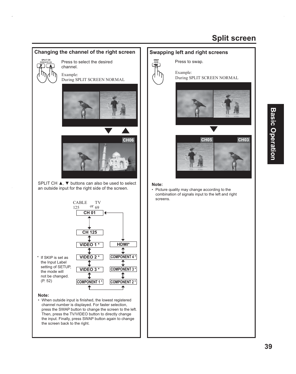 Split screen, 39 basic operation | Panasonic PT-60LC14 User Manual | Page 39 / 95
