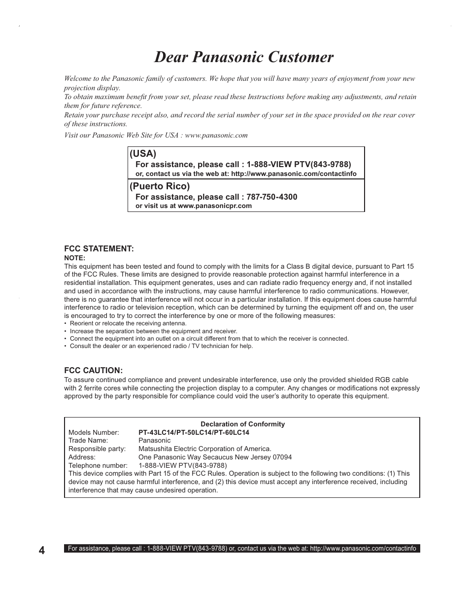 Dear panasonic customer, Usa), Puerto rico) | Panasonic PT-60LC14 User Manual | Page 4 / 95