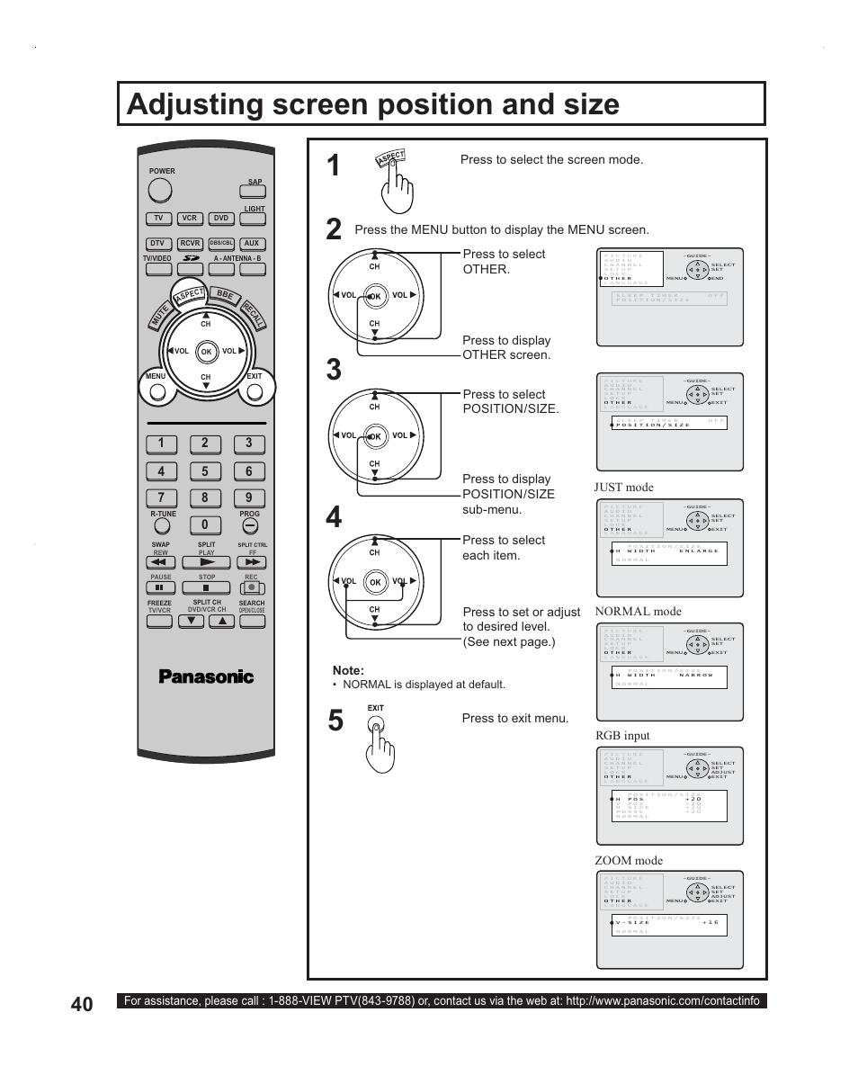 Using tvs features, Screen position & size, Adjusting screen position and size | Press to select the screen mode, Normal is displayed at default | Panasonic PT-60LC14 User Manual | Page 40 / 95