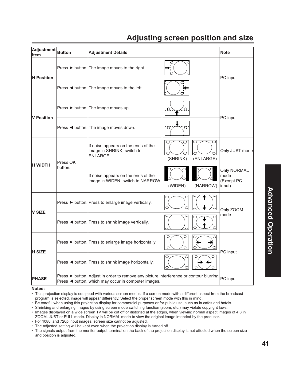 Adjusting screen position and size, 41 advanced op eration | Panasonic PT-60LC14 User Manual | Page 41 / 95