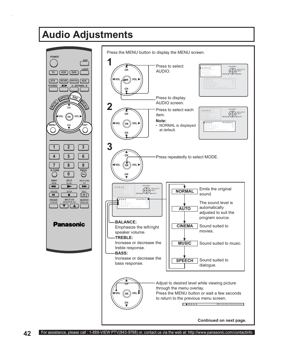 Audio adjustments, Press the menu button to display the menu screen, Normal auto speech cinema music | Press repeatedly to select mode | Panasonic PT-60LC14 User Manual | Page 42 / 95