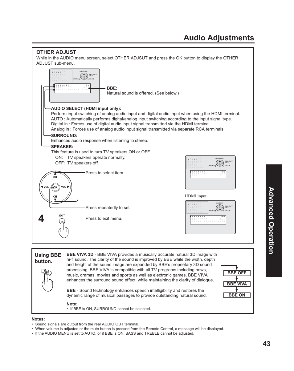 Audio adjustments, 43 advanced op eration, Using bbe button | Other adjust, Press to exit menu, If bbe is on, surround cannot be selected | Panasonic PT-60LC14 User Manual | Page 43 / 95