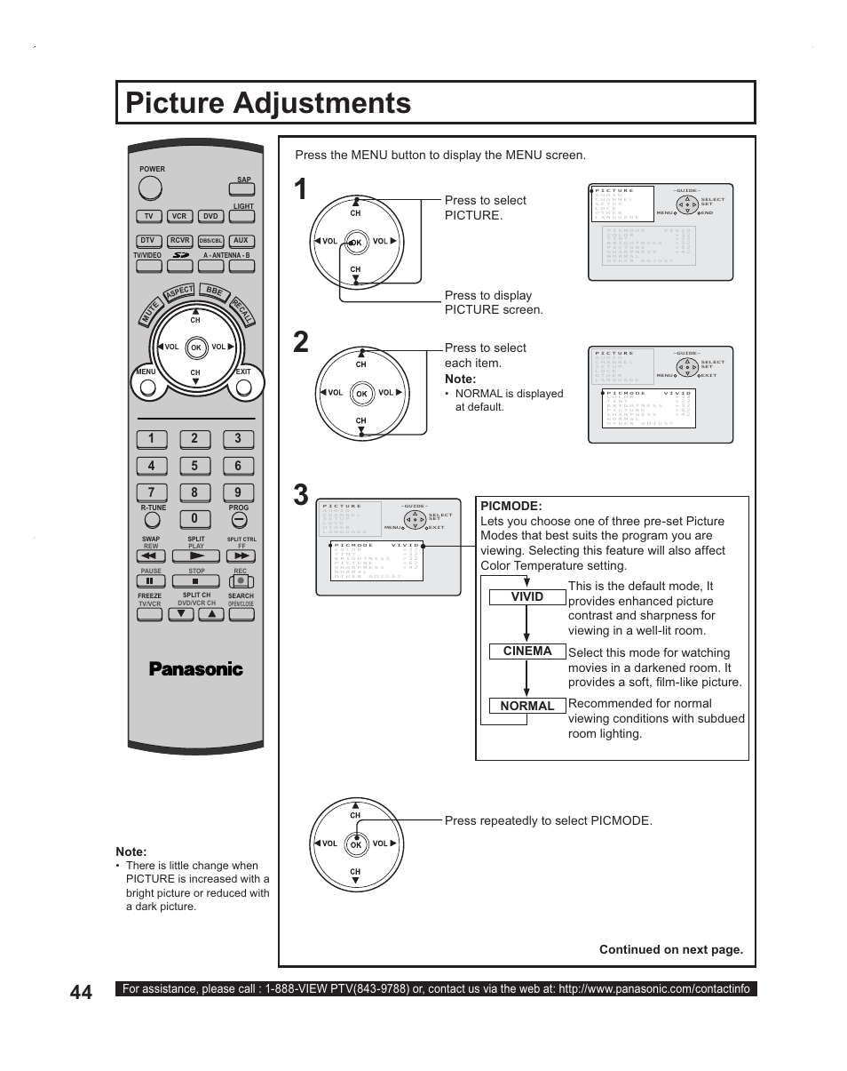 Picture adjustments, Press the menu button to display the menu screen, Normal is displayed at default | Panasonic PT-60LC14 User Manual | Page 44 / 95
