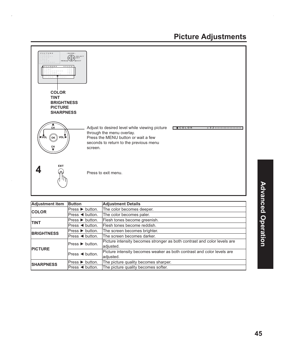 Picture adjustments, 45 advanced op eration | Panasonic PT-60LC14 User Manual | Page 45 / 95