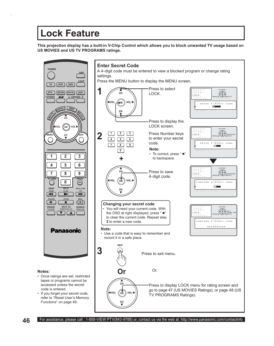 Lock feature - parental control, Lock feature, Enter secret code | Press to display the lock screen, Press number keys to enter your secret code, Changing your secret code | Panasonic PT-60LC14 User Manual | Page 46 / 95