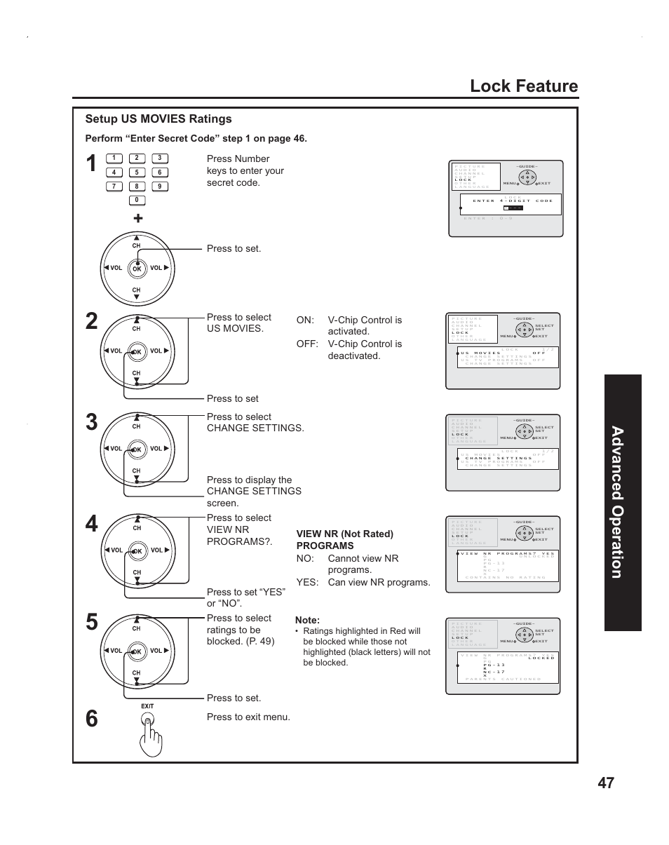 Lock feature, 47 advanced op eration, Setup us movies ratings | Press to exit menu. press to set | Panasonic PT-60LC14 User Manual | Page 47 / 95
