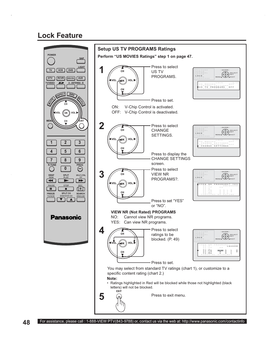 Lock feature, Setup us tv programs ratings | Panasonic PT-60LC14 User Manual | Page 48 / 95