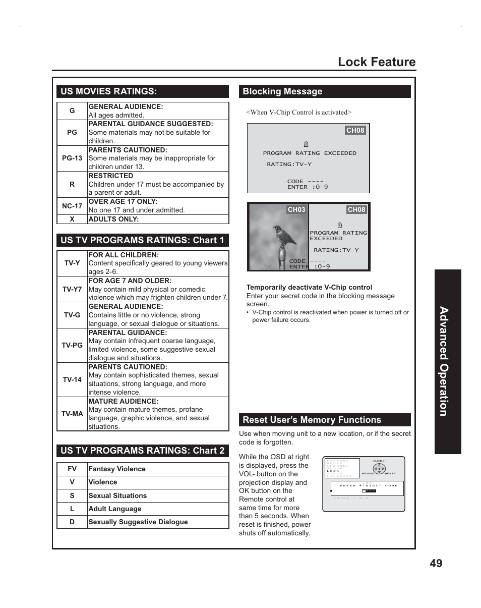 Lock feature, 49 advanced op eration | Panasonic PT-60LC14 User Manual | Page 49 / 95