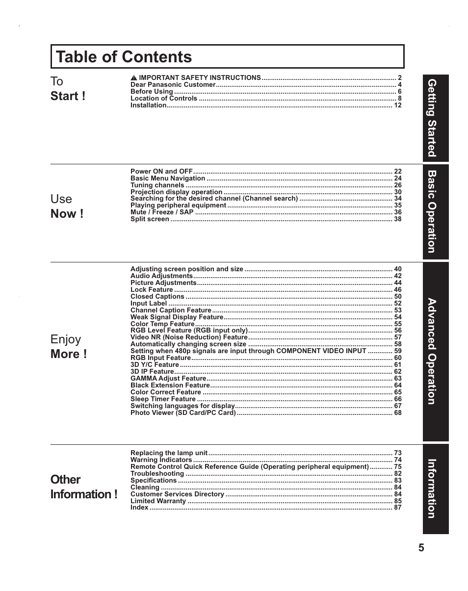 Panasonic PT-60LC14 User Manual | Page 5 / 95