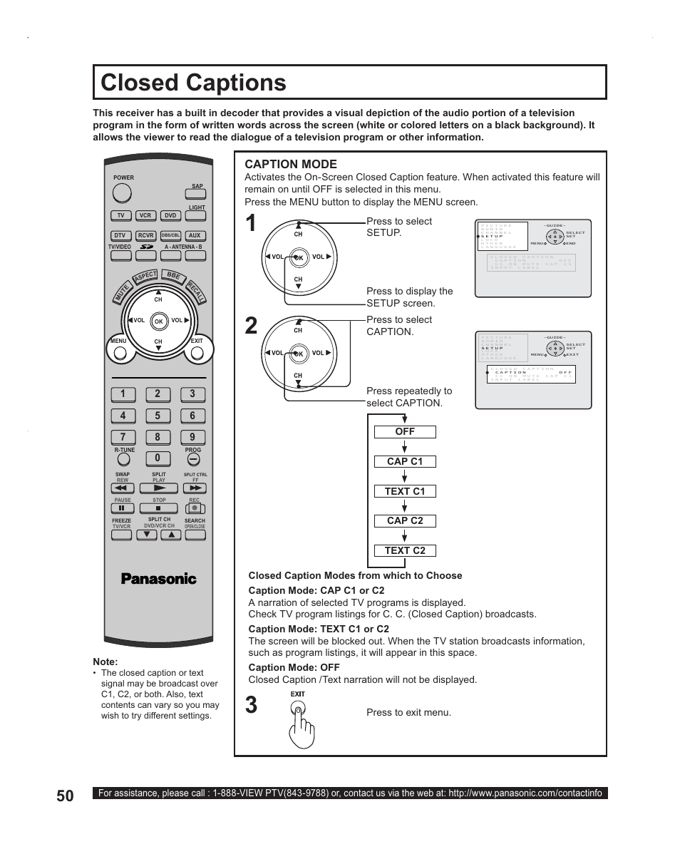 Closed captions, Caption mode, Off cap c1 text c1 cap c2 text c2 | Panasonic PT-60LC14 User Manual | Page 50 / 95