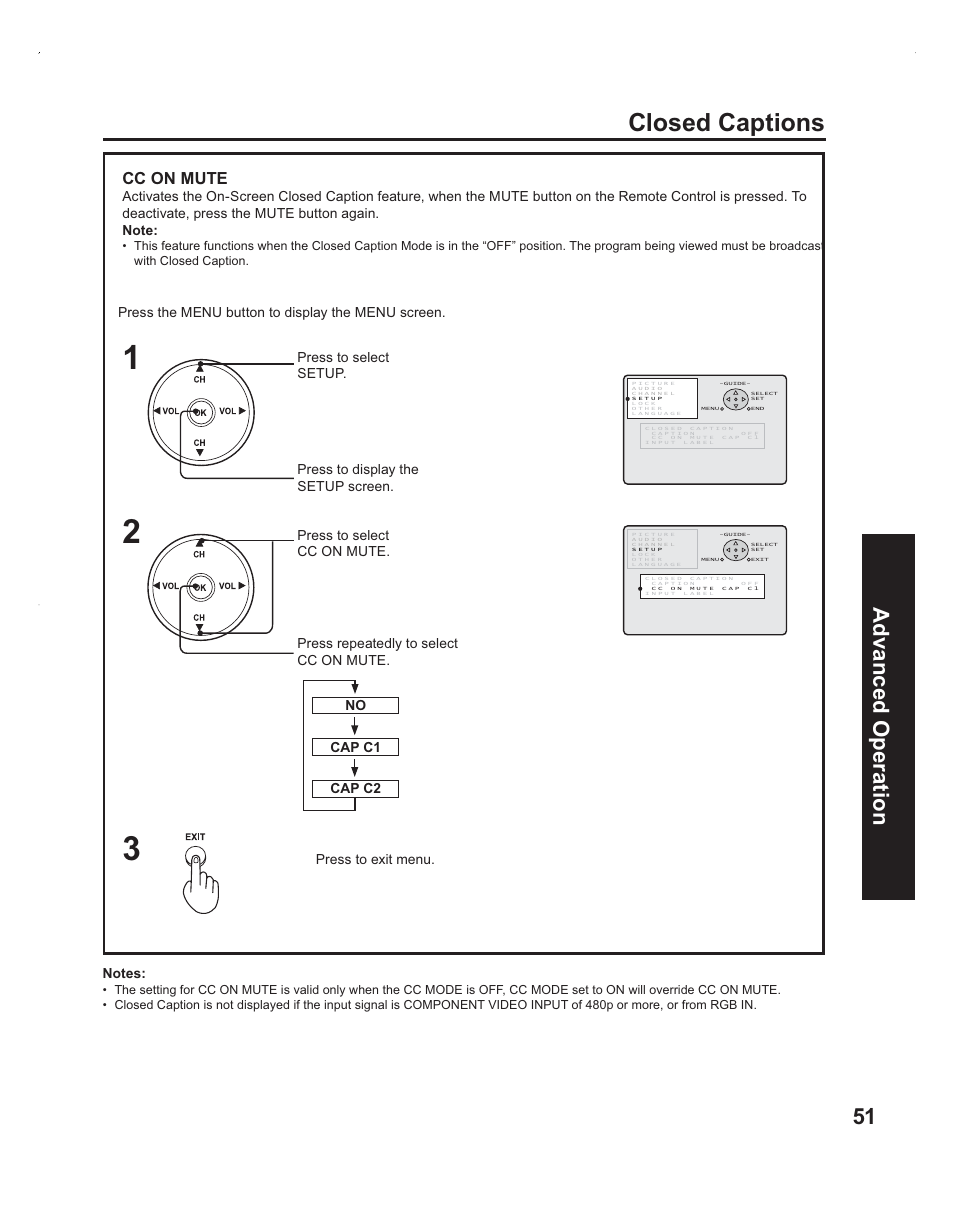 Closed captions, 51 advanced op eration, Cc on mute | Panasonic PT-60LC14 User Manual | Page 51 / 95