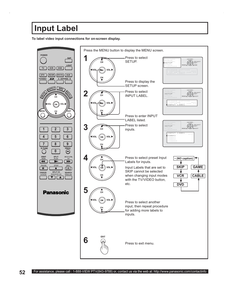 Input label, Input label 1 2, Press the menu button to display the menu screen | Press to select preset input labels for inputs, Game skip vcr dvd cable | Panasonic PT-60LC14 User Manual | Page 52 / 95