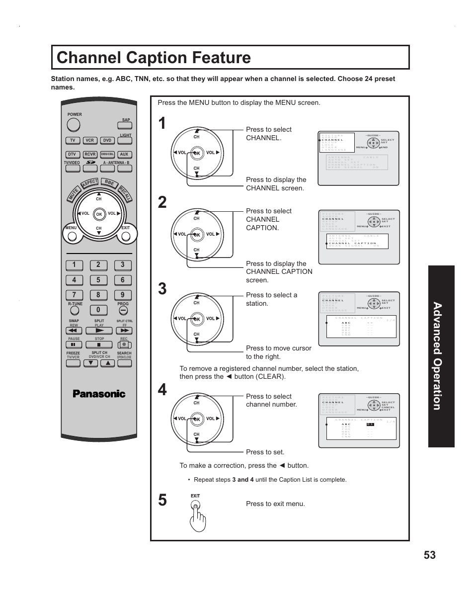 Channel caption feature - channel label, Channel caption feature, 53 advanced op eration | Panasonic PT-60LC14 User Manual | Page 53 / 95
