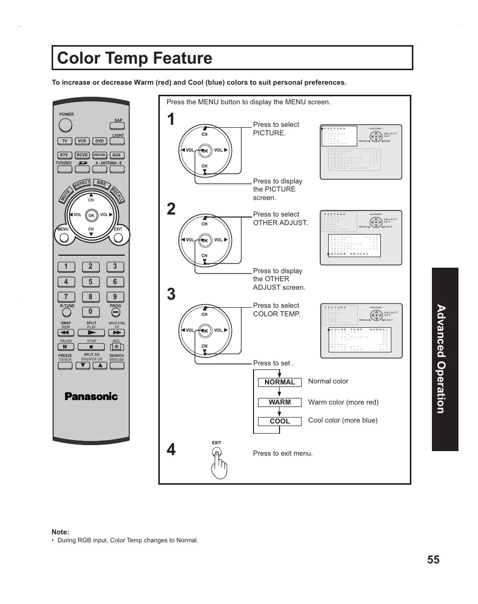 Color temp feature, 55 advanced op eration, During rgb input, color temp changes to normal | Panasonic PT-60LC14 User Manual | Page 55 / 95