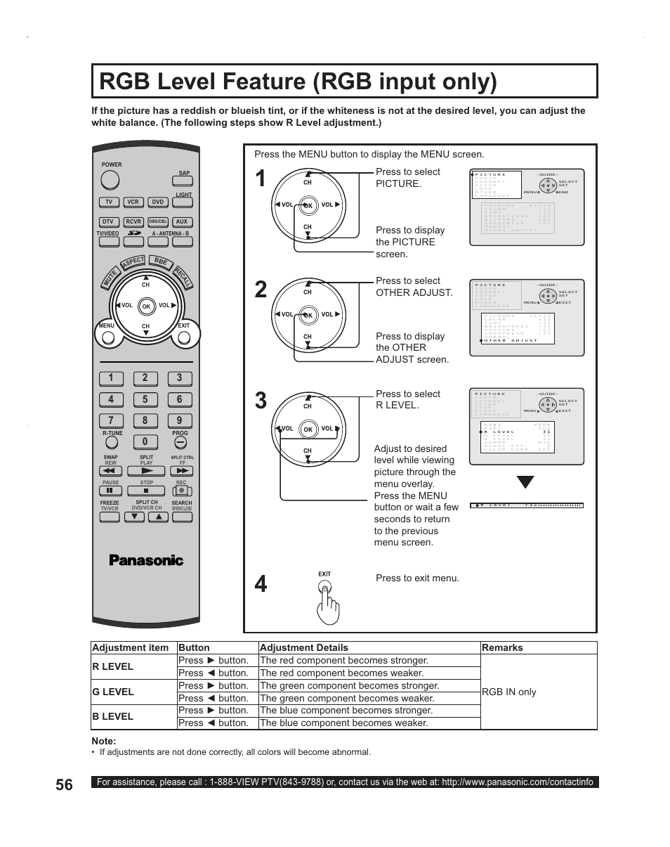 Rgb level feature (rgb input only) | Panasonic PT-60LC14 User Manual | Page 56 / 95