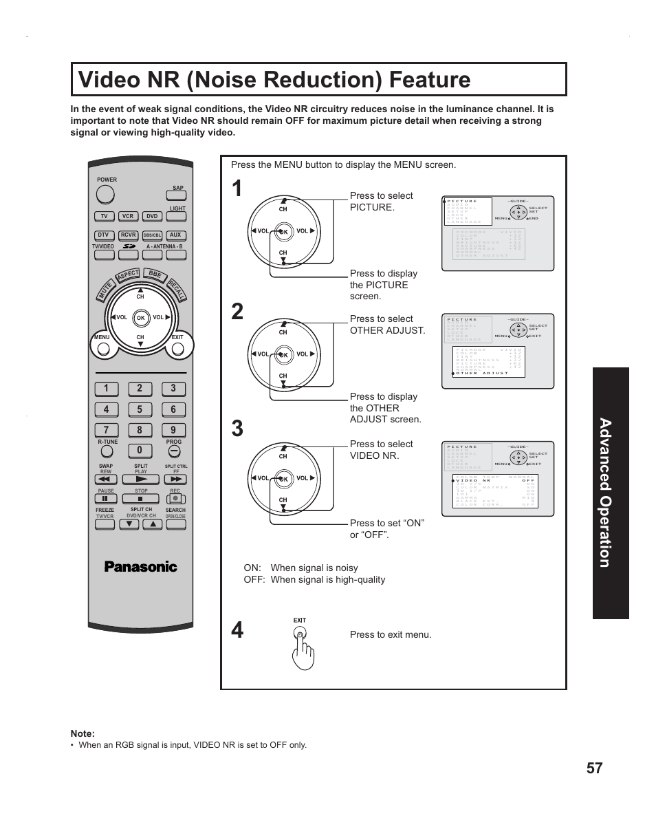 Video nr (noise reduction) feature, 57 advanced op eration | Panasonic PT-60LC14 User Manual | Page 57 / 95