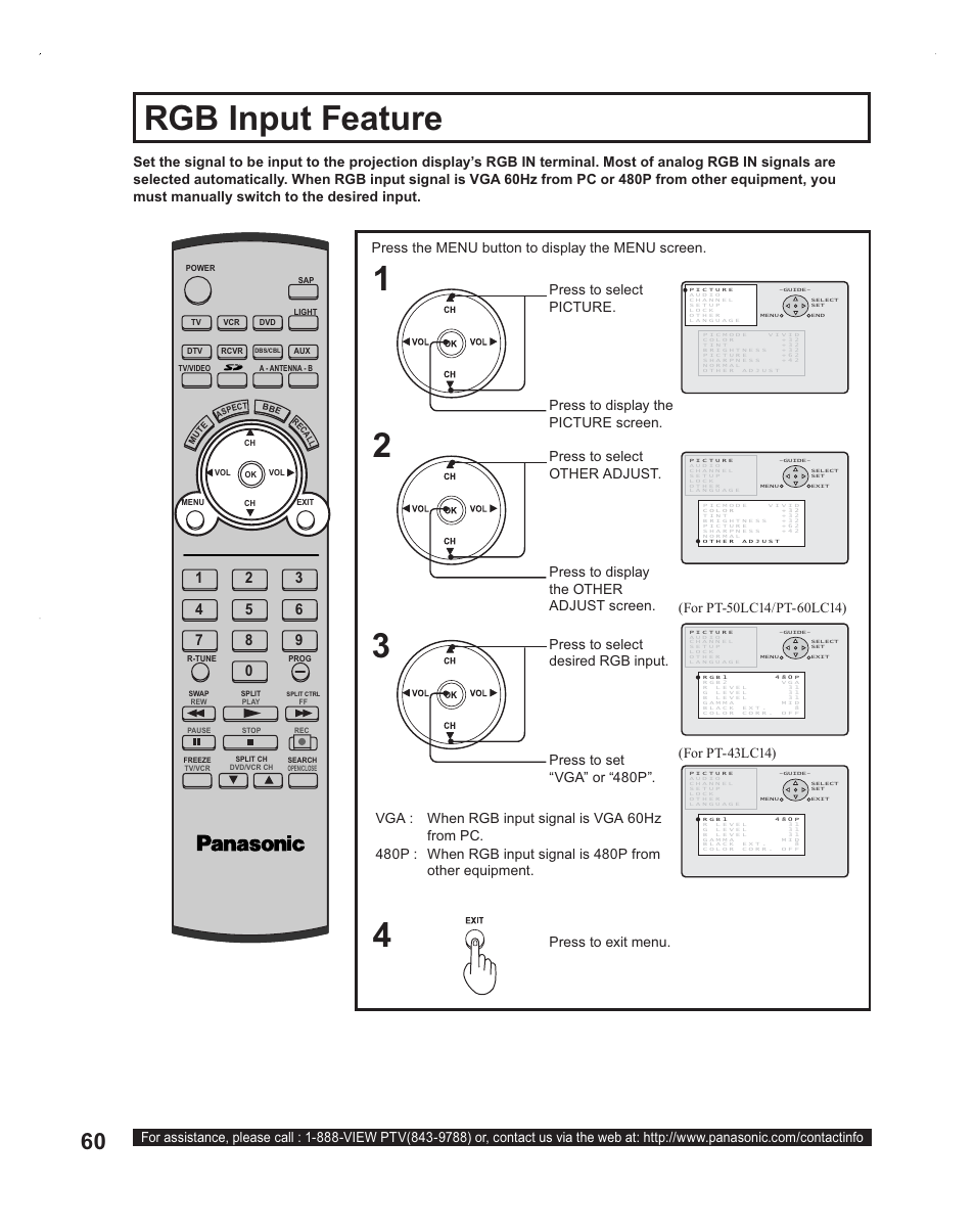 Rgb input signal settings, Rgb input feature | Panasonic PT-60LC14 User Manual | Page 60 / 95