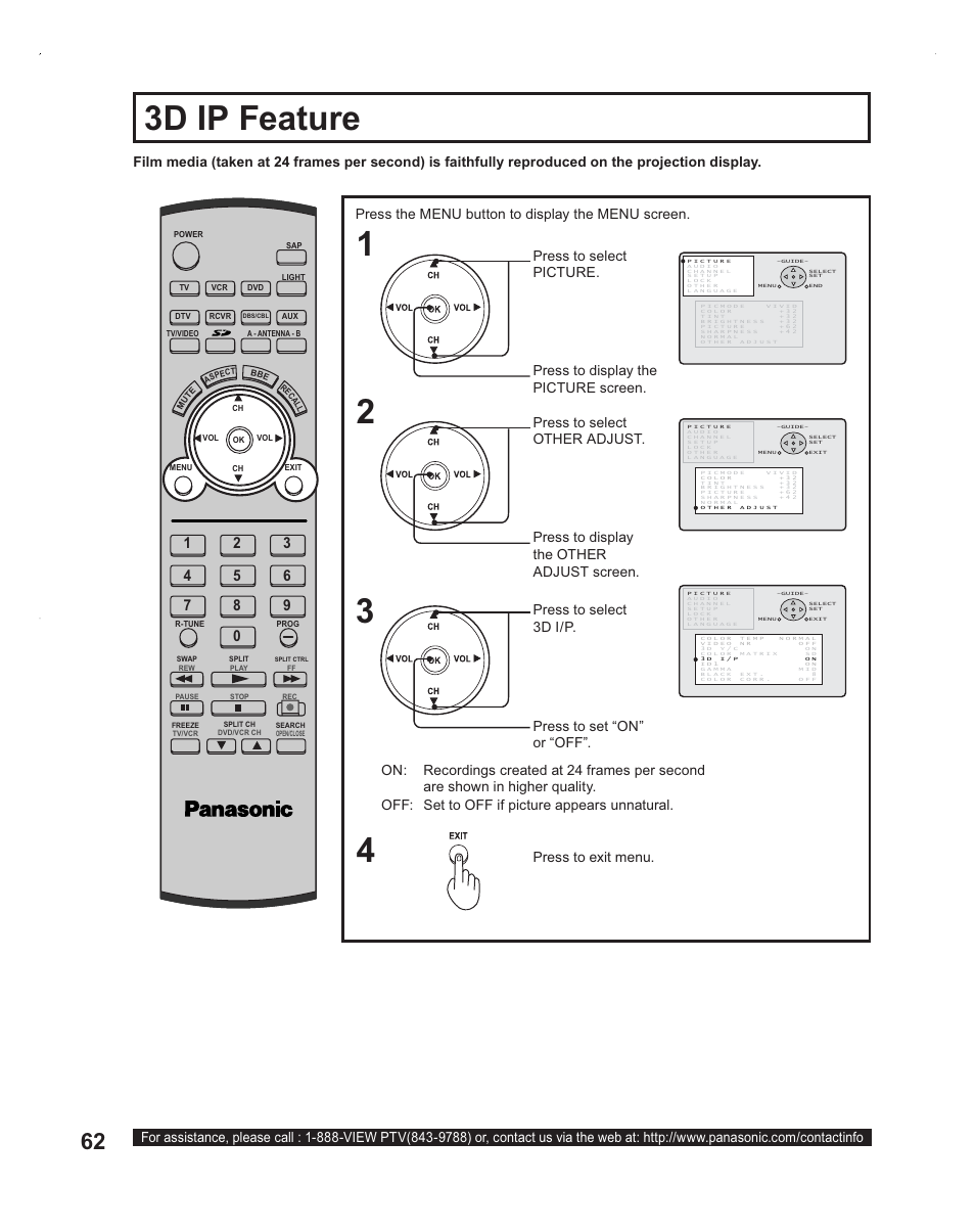 3d ip feature (for film media - 24 fps), 3d ip feature | Panasonic PT-60LC14 User Manual | Page 62 / 95