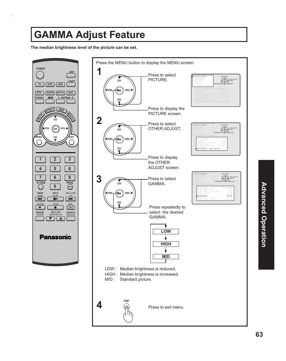 Gamma adjust feature - brightness, Gamma adjust feature, 63 advanced op eration | Panasonic PT-60LC14 User Manual | Page 63 / 95