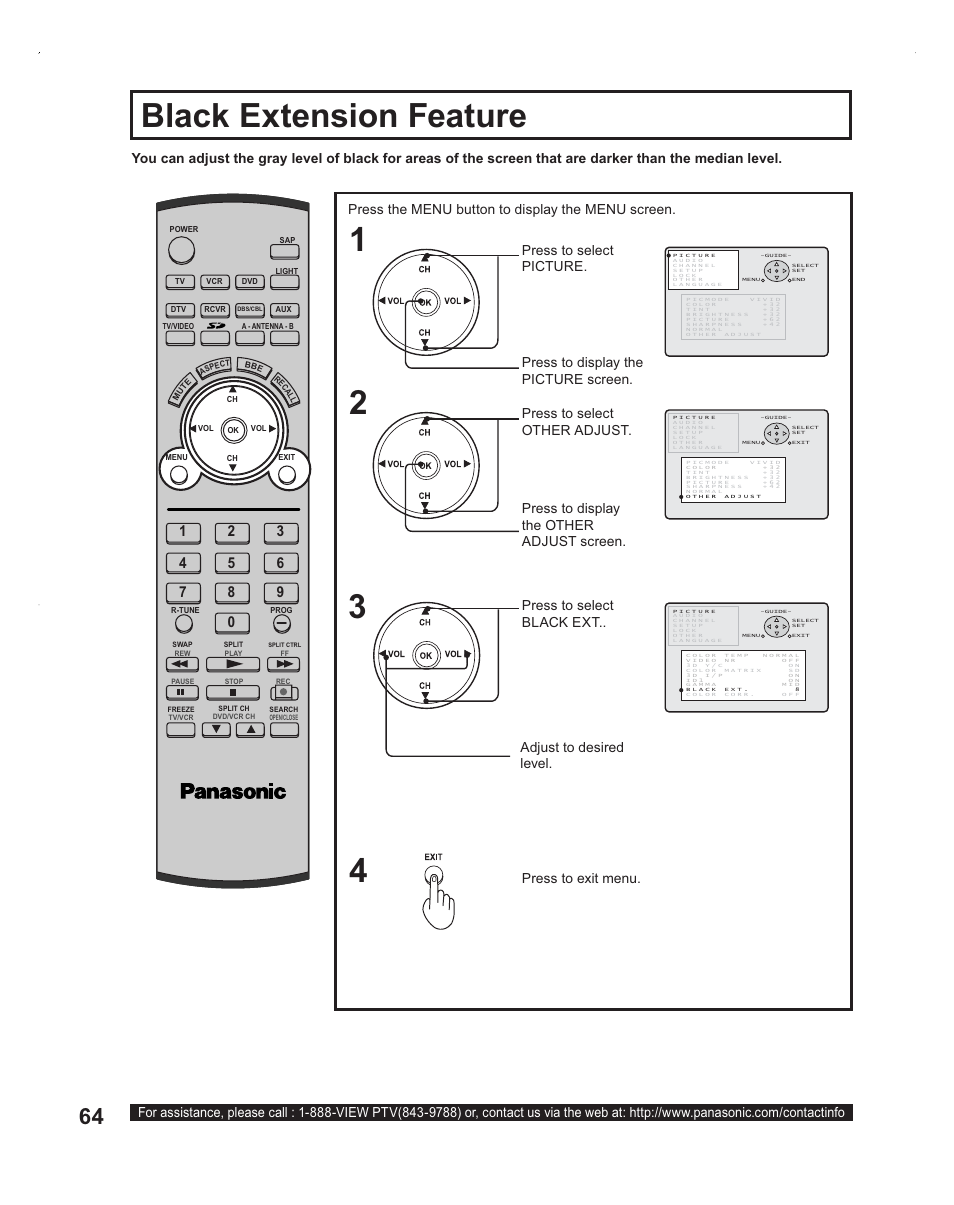 Black level extension, Black extension feature, Press the menu button to display the menu screen | Adjust to desired level | Panasonic PT-60LC14 User Manual | Page 64 / 95