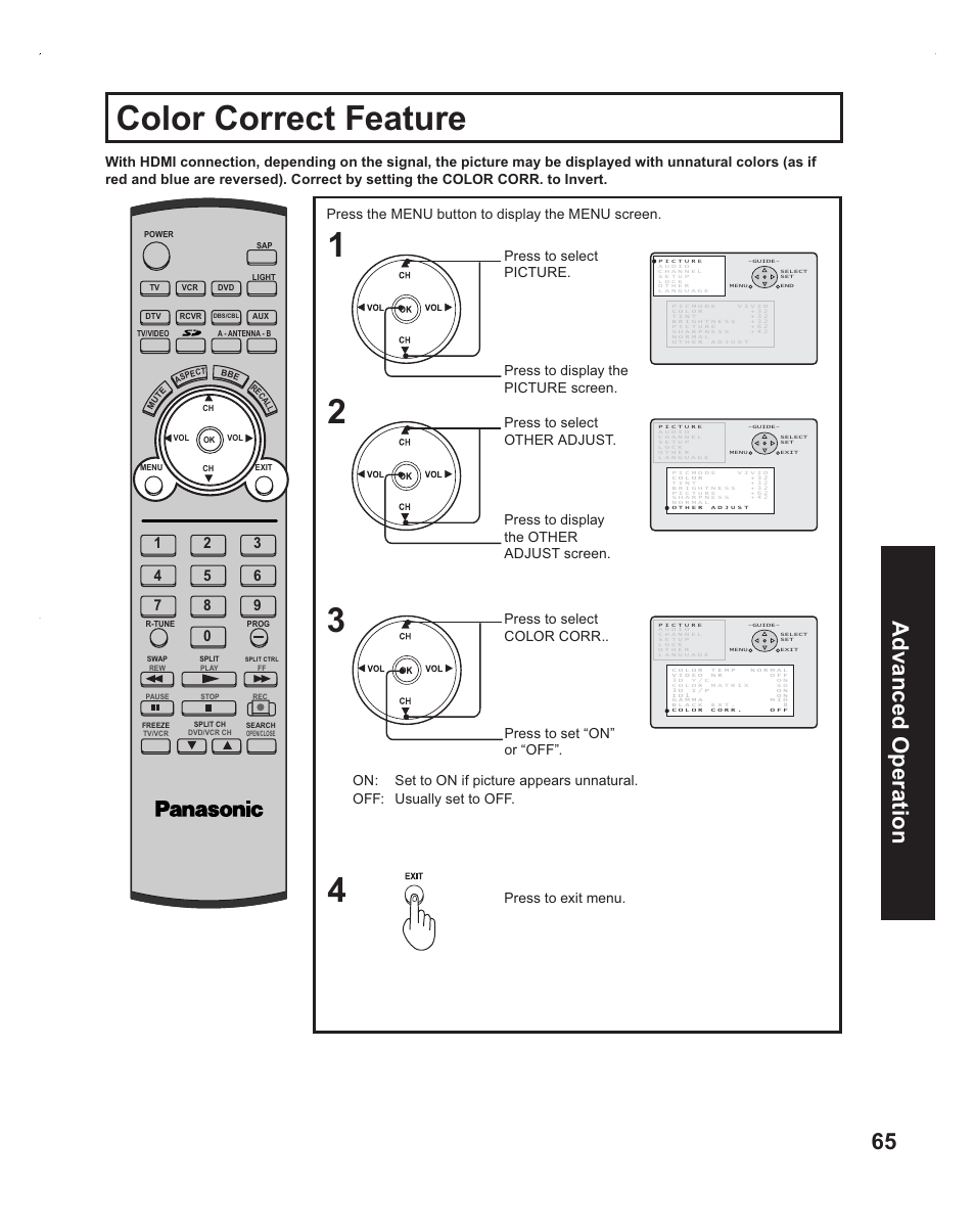 Color correct, Color correct feature, 65 advanced op eration | Panasonic PT-60LC14 User Manual | Page 65 / 95