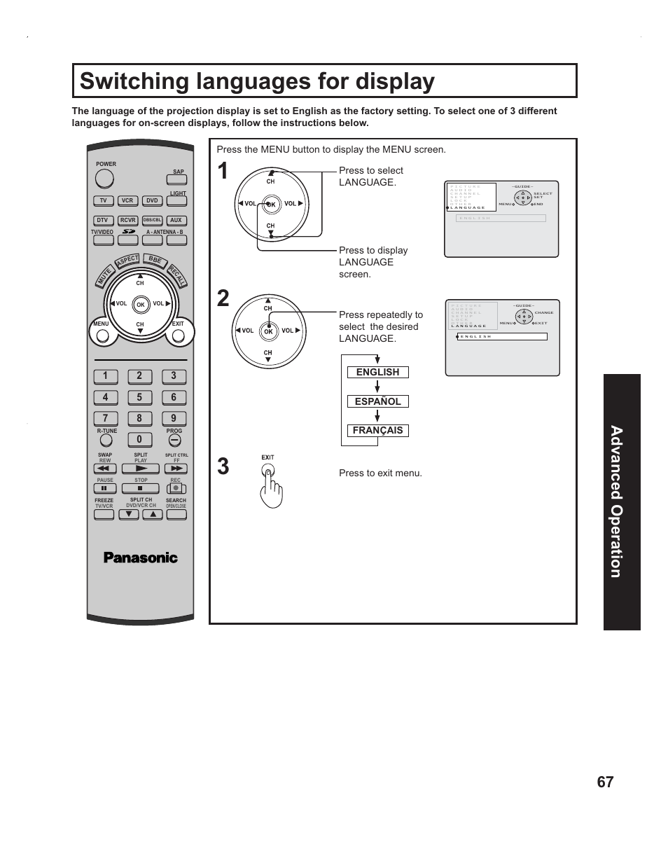 Switching languages, Switching languages for display, 67 advanced op eration | Press to display language screen | Panasonic PT-60LC14 User Manual | Page 67 / 95