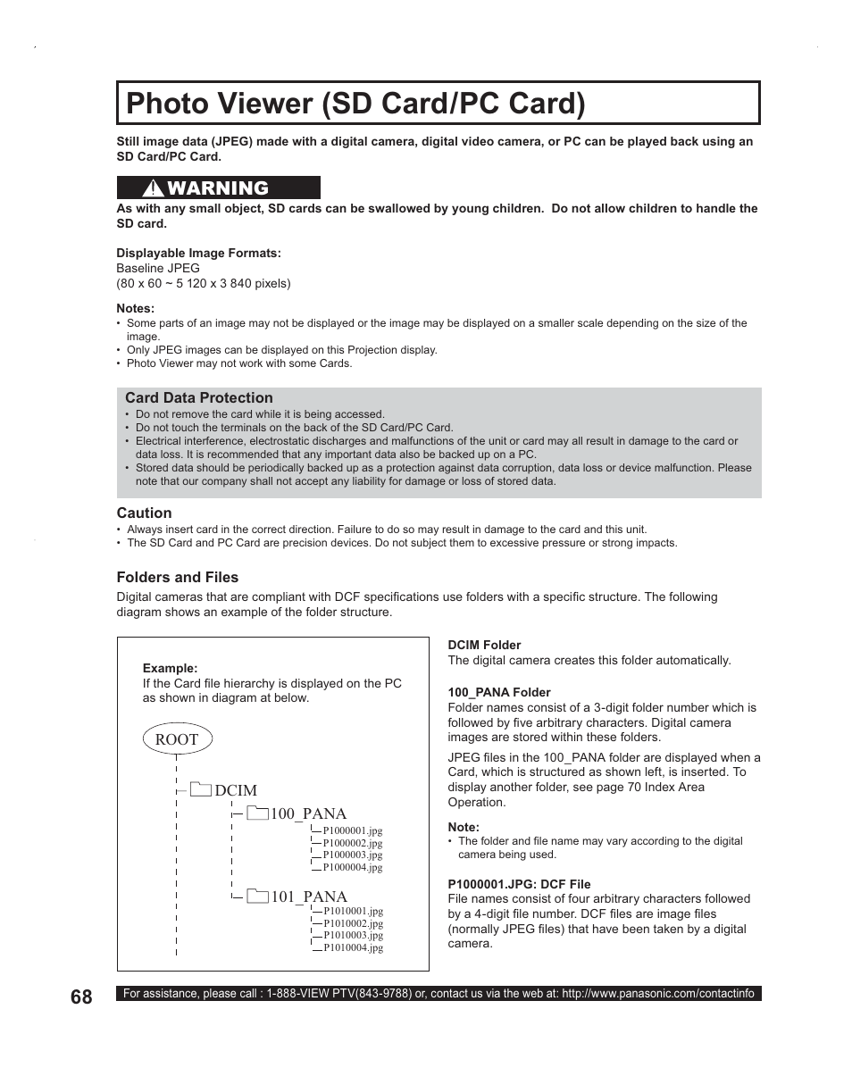 Photo viewer (sd card / pc card), Photo viewer (sd card/pc card), Warning | Panasonic PT-60LC14 User Manual | Page 68 / 95