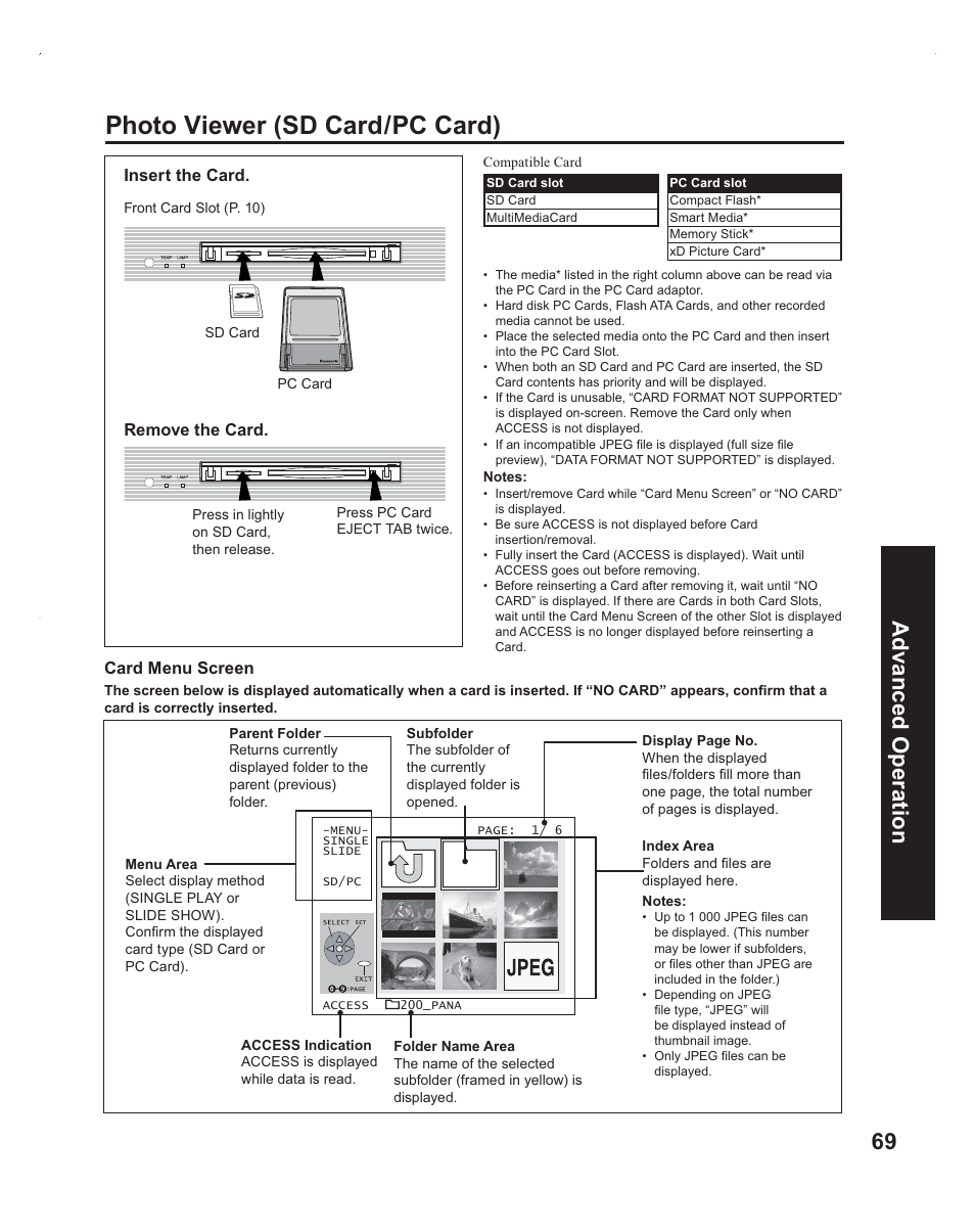 Photo viewer (sd card/pc card), 69 advanced op eration | Panasonic PT-60LC14 User Manual | Page 69 / 95