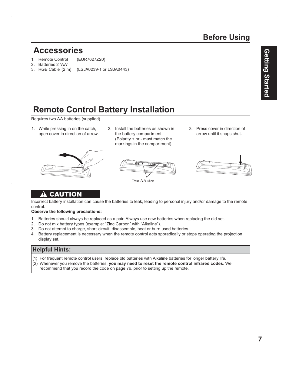 Supplied accessories, Batteries for remote, Accessories | Remote control battery installation, Before using, Getting start ed 7, Caution | Panasonic PT-60LC14 User Manual | Page 7 / 95