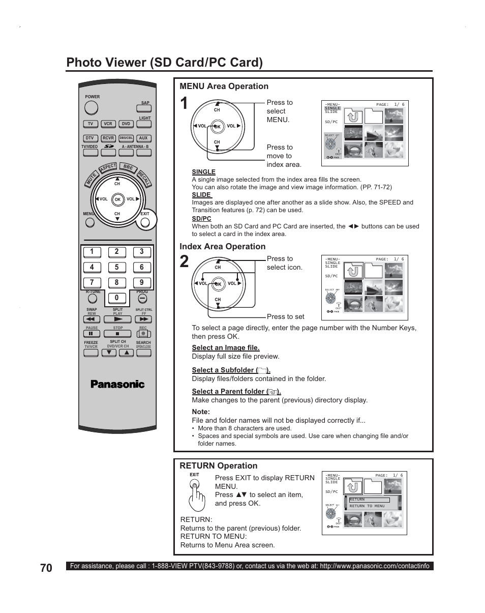 Photo viewer (sd card/pc card), Index area operation, Menu area operation | Return operation | Panasonic PT-60LC14 User Manual | Page 70 / 95