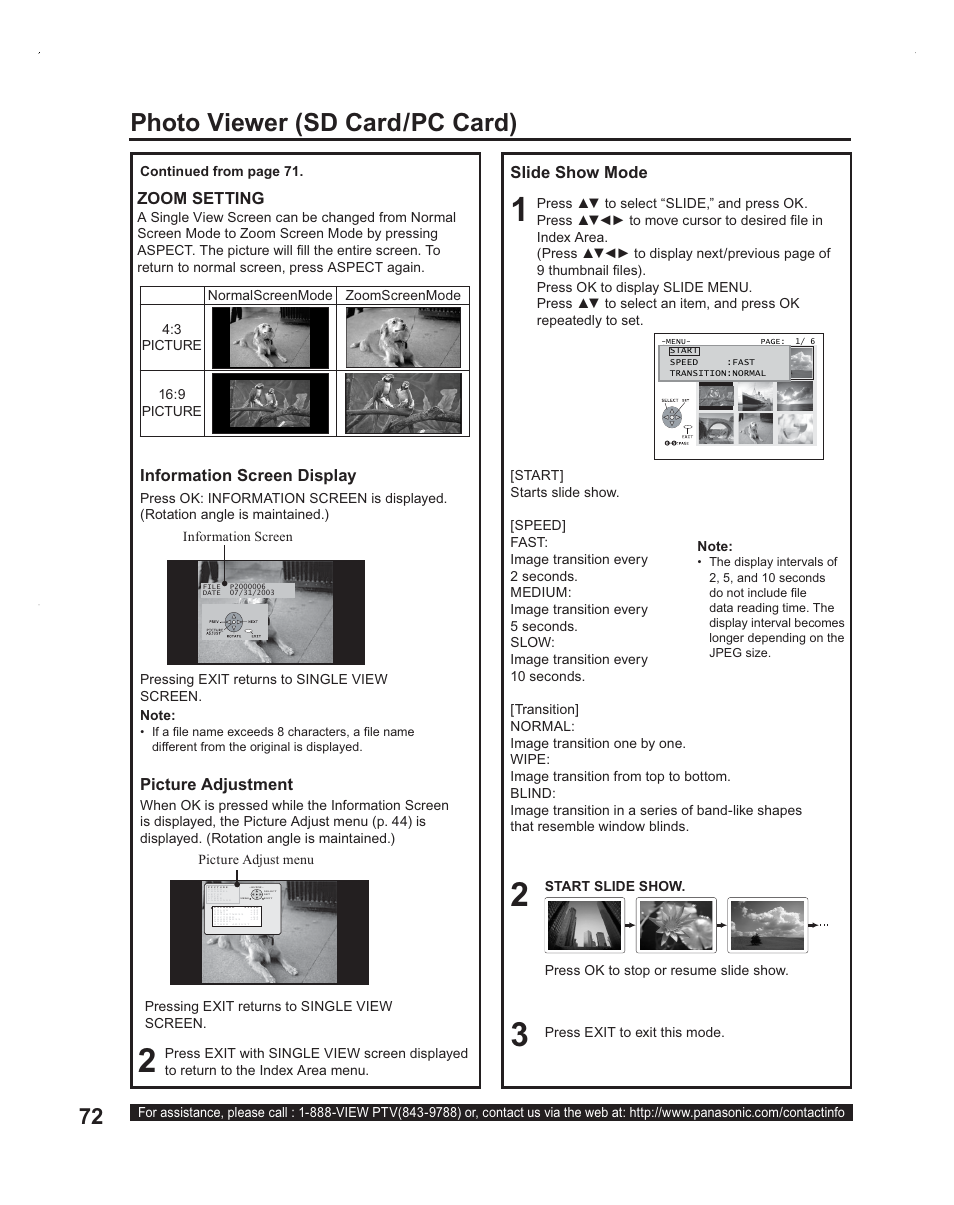 Photo viewer (sd card/pc card), Slide show mode, Information screen display picture adjustment | Zoom setting | Panasonic PT-60LC14 User Manual | Page 72 / 95
