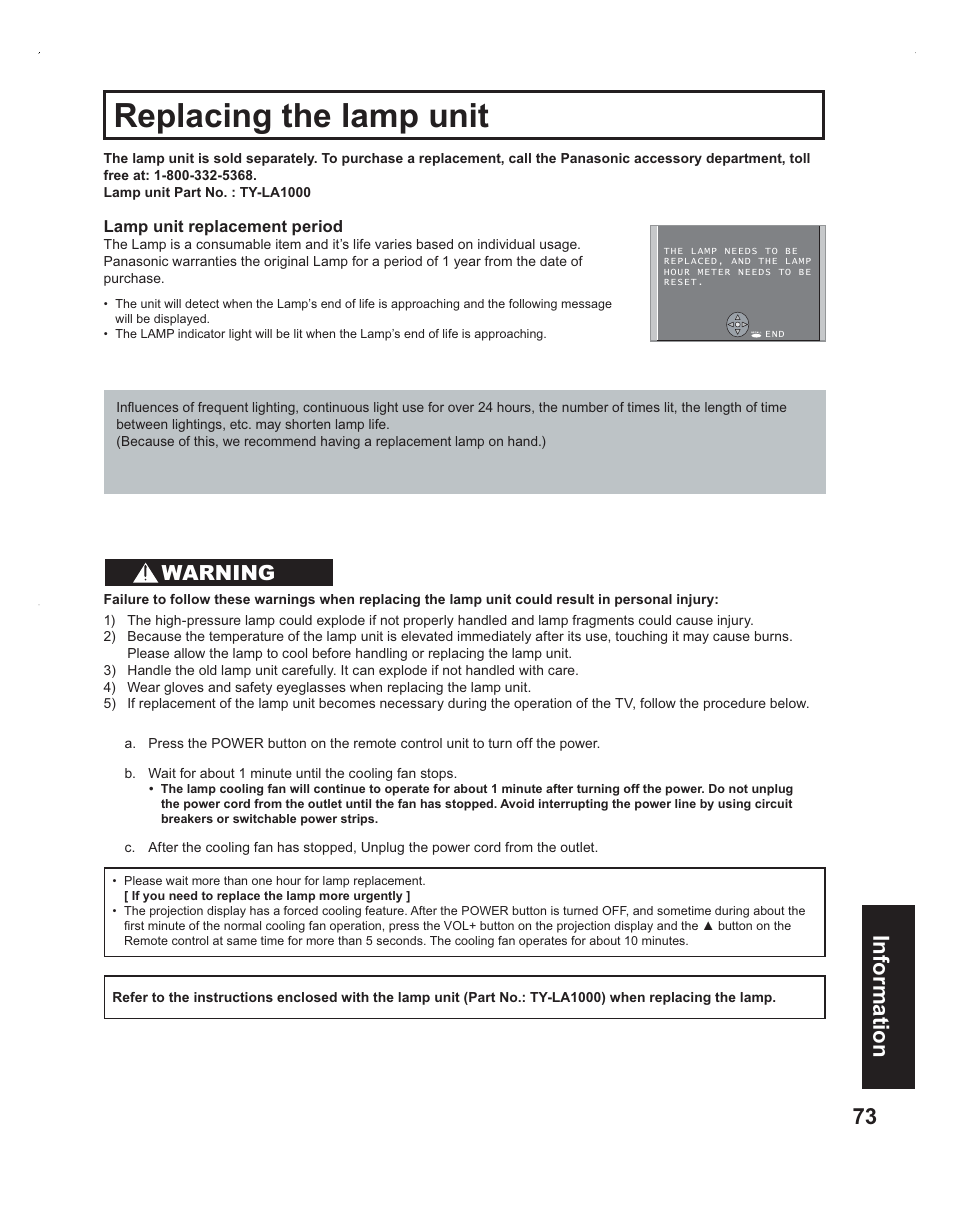 Replacing the lamp unit, 73 information, Warning | Panasonic PT-60LC14 User Manual | Page 73 / 95