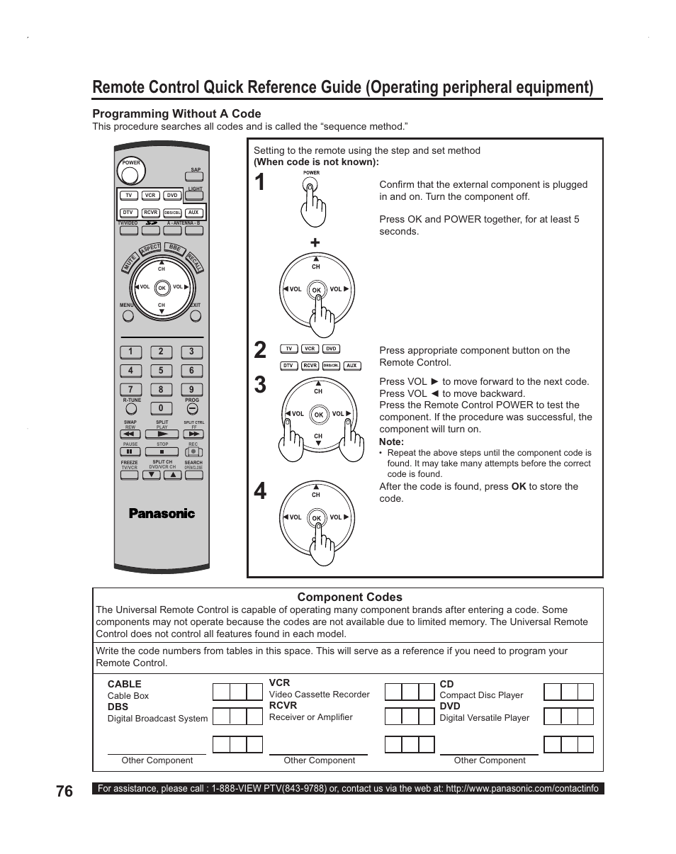 Component codes, Programming without a code | Panasonic PT-60LC14 User Manual | Page 76 / 95