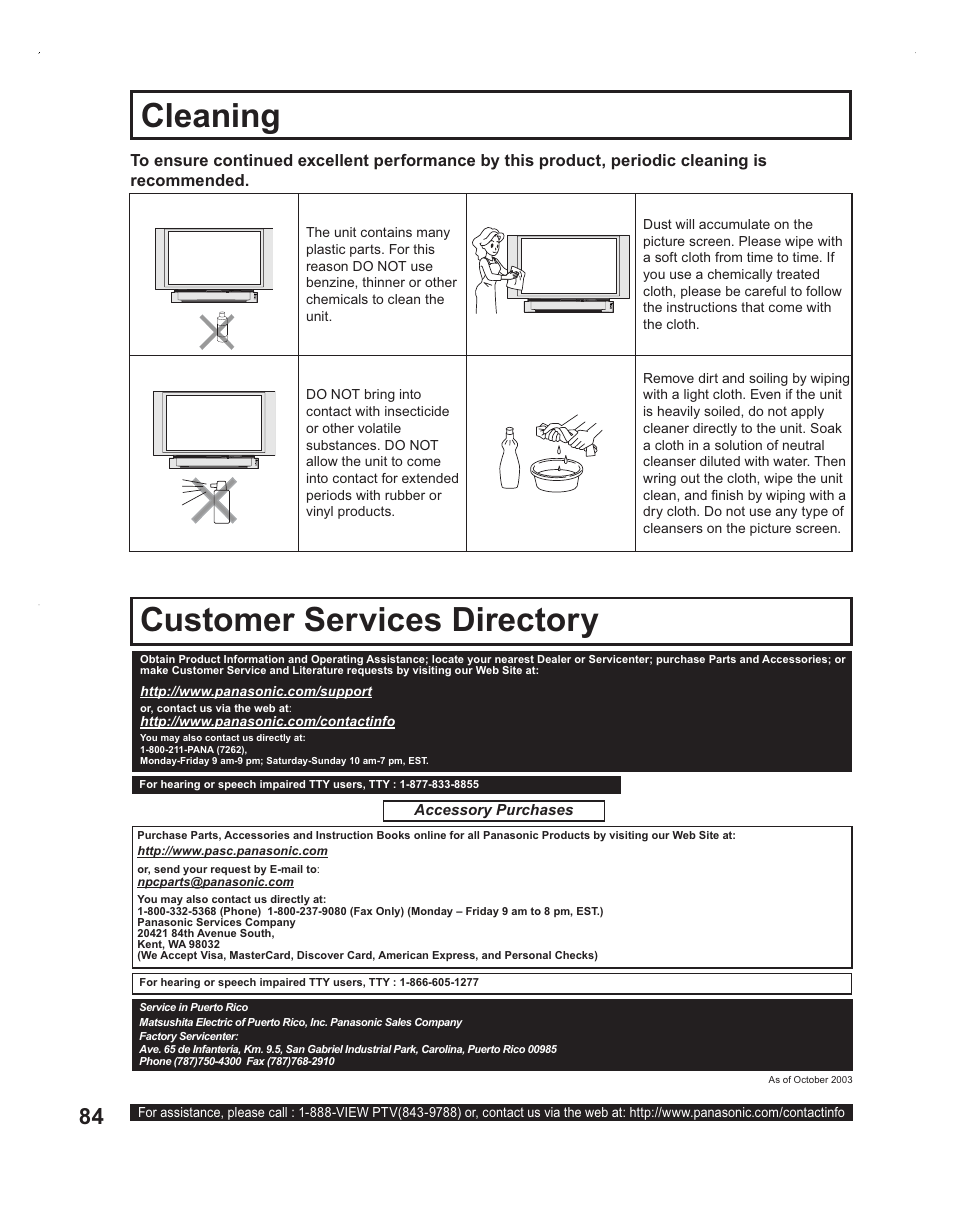 Maintenance, Clean ing customer services directory | Panasonic PT-60LC14 User Manual | Page 84 / 95