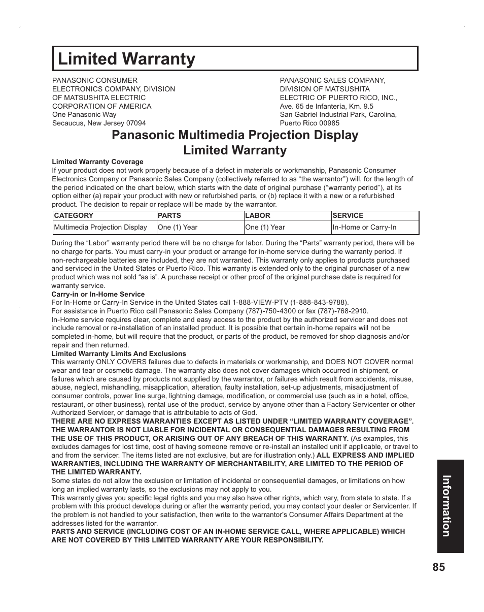 Warranty, Limited warranty, 85 information | Panasonic PT-60LC14 User Manual | Page 85 / 95