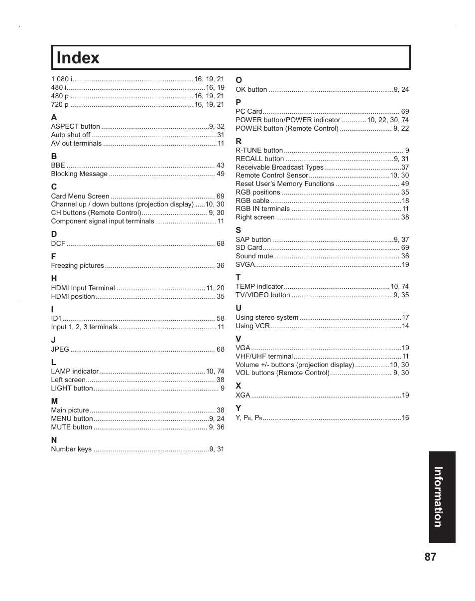 Index, 87 information | Panasonic PT-60LC14 User Manual | Page 87 / 95