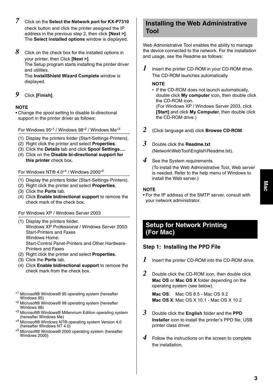 Installing the web administrative tool, Setup for network printing (for mac) | Panasonic KX-P7310 User Manual | Page 3 / 4