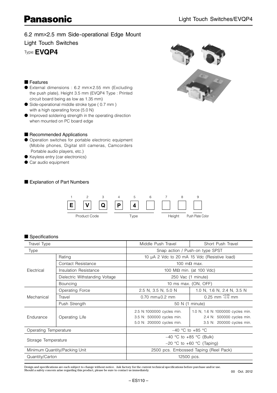 Panasonic Light Touch Switches EVQP4 User Manual | 3 pages