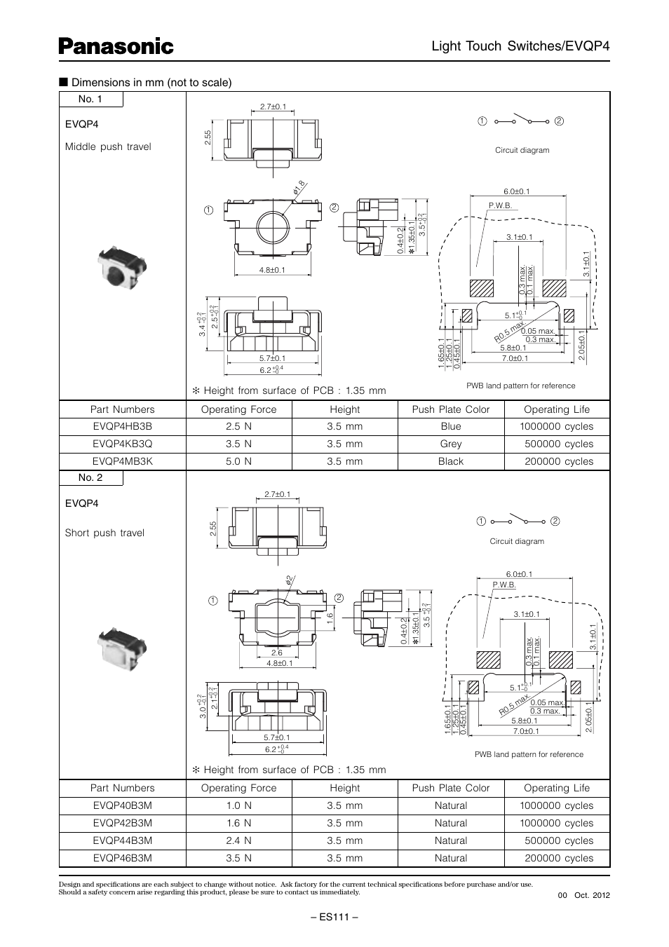 Light touch switches/evqp4, Dimensions in mm (not to scale) | Panasonic Light Touch Switches EVQP4 User Manual | Page 2 / 3